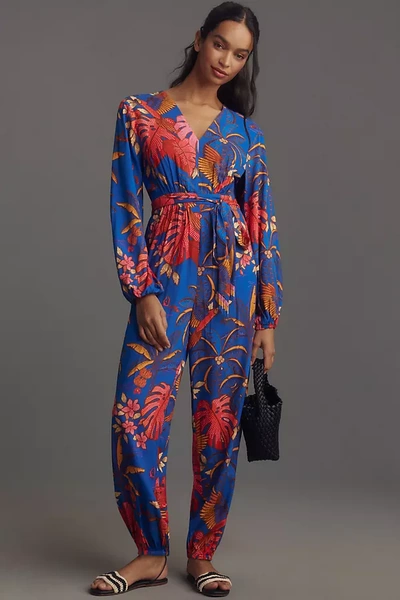 Farm Rio X Anthropologie Tropical Jumpsuit In Blue