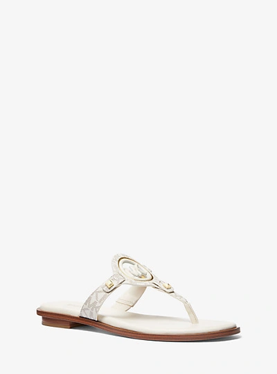 Michael Kors Aubrey Cutout Signature Logo And Leather T-strap Sandal In Natural