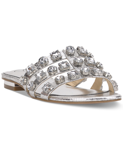 Jessica Simpson Detta Crystal Embellished Slide Sandals In Silver Faux Leather