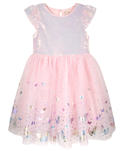 Pink & Violet Kids' Little Girls Sequin Flutter Sleeve And Printed Foil Butterfly Border Dress In Pink,multi