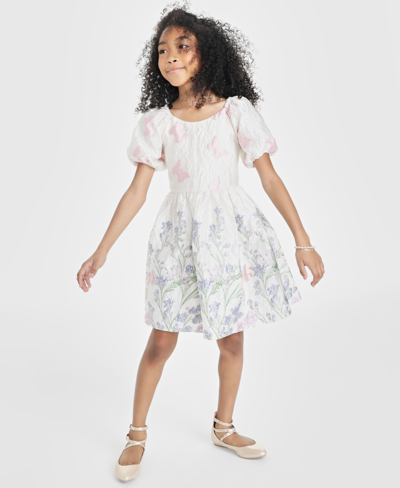 Rare Editions Kids' Big Girls Floral Butterfly Brocade Puff-sleeve Social Dress, Created For Macy's In Taupe