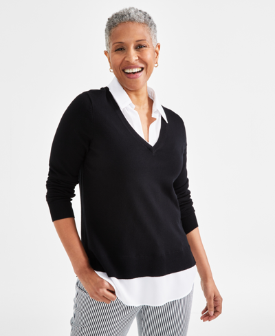 Style & Co Women's Twofer Layered-look Sweater Top, Created For Macy's In Deep Black