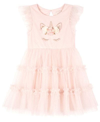 Pink & Violet Kids' Little Girls Lurex Embroidered Unicorn 3-tier Glitter Mesh Dress In Blush,gold
