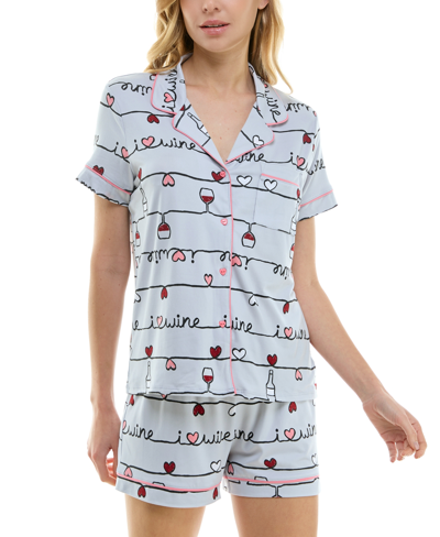 Derek Heart Women's 2-pc. Printed Short Pajamas Set In Wine Doodle