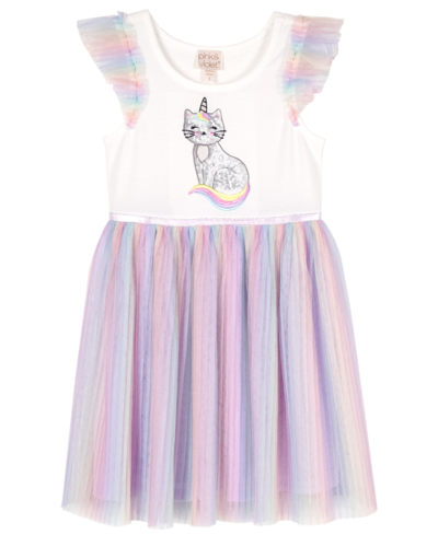 Pink & Violet Kids' Little Girls Ombre Pleated Mesh Sequin Caticorn Dress In Ivory,multi