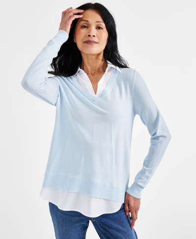 Style & Co Women's Twofer Layered-look Sweater Top, Created For Macy's In Cool Dusk