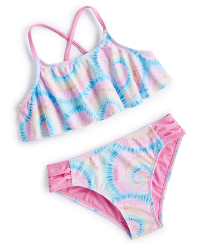 Breaking Waves Kids' Big Girls Hello Radiance Flounce Swimsuit, 2 Piece Set In Multi