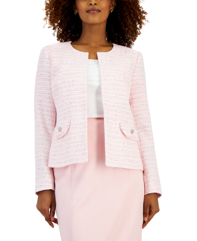 Kasper Petite Tweed Fringe Collarless Open-front Jacket In Tutu Pink Multi