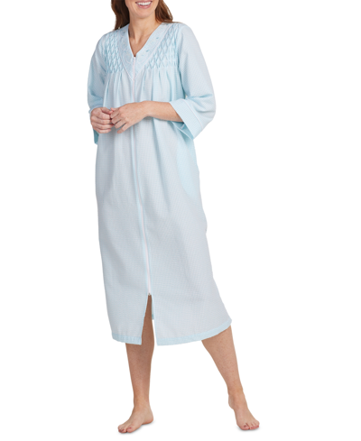 Miss Elaine Women's Checkered 3/4-sleeve Robe In Turquoise,white Check