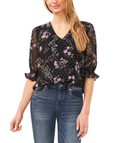 Cece Women's Floral 3/4-sleeve Ruffled V-neck Blouse In Rich Black