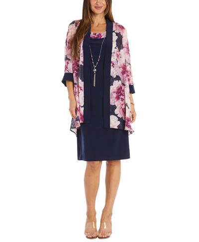 R & M Richards Petite Printed Jacket & Necklace Dress Set In Navy,mauve