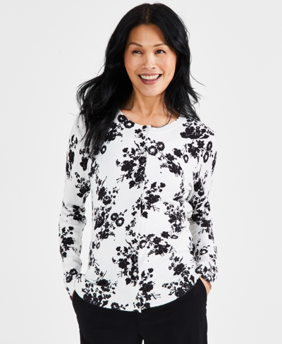 Style & Co Women's Printed Button-up Cardigan Sweater, Created For Macy's In Black White Floral