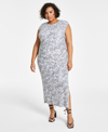 BAR III TRENDY PLUS SIZE PRINTED SLEEVELESS RUCHED-SIDE MIDI DRESS, CREATED FOR MACY'S