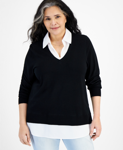 Style & Co Plus Size Twofer Sweater, Created For Macy's In Deep Black