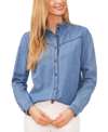 CECE WOMEN'S RUFFLE NECK BUTTON DOWN DENIM BLOUSE