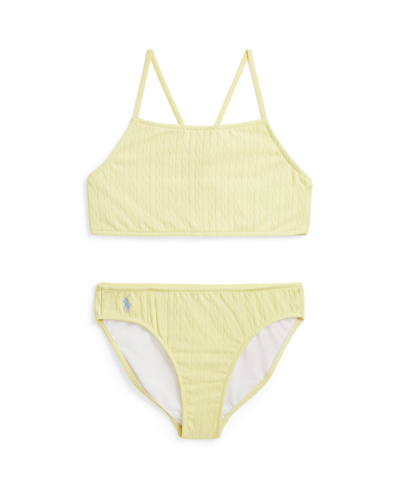 Polo Ralph Lauren Kids' Big Girls Mini-cable Jacquard Round Neck Two-piece Swimsuit In Wicket Yellow With Blue Hyacinth