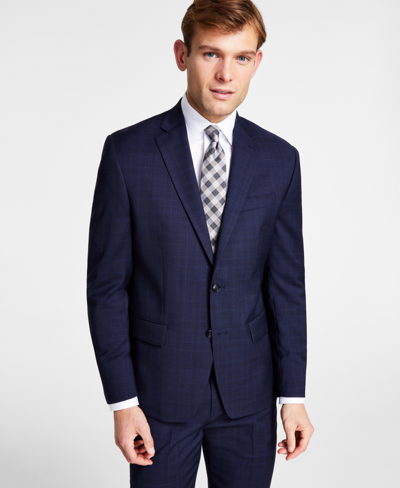 Michael Kors Men's Classic-fit Stretch Wool-blend Suit Jacket In Navy Plaid