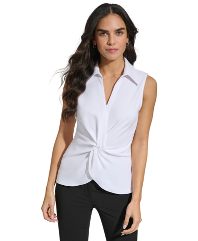 Calvin Klein Women's Sleeveless Twist-front Collared Shirt In White