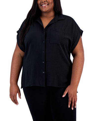 Calvin Klein Plus Size Button-down Rolled-cuff Pocket-front Top In Black