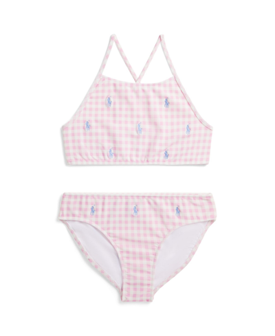 Polo Ralph Lauren Kids' Big Girls Gingham Polo Pony Two-piece Swimsuit In Carmel Pink Gingham With Blue Hyacinth