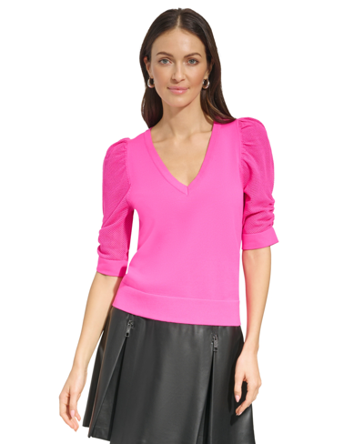 Dkny Women's Puff-sleeve V-neck Sweater In Shocking Pink