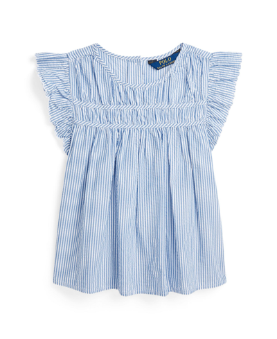 Polo Ralph Lauren Kids' Big Girls Striped Cotton Seersucker Top In Blue White