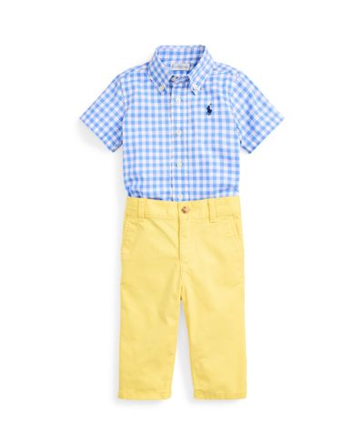Polo Ralph Lauren Baby Boys Cotton Shirt And Flex Abrasion Pants Set In Blue And White