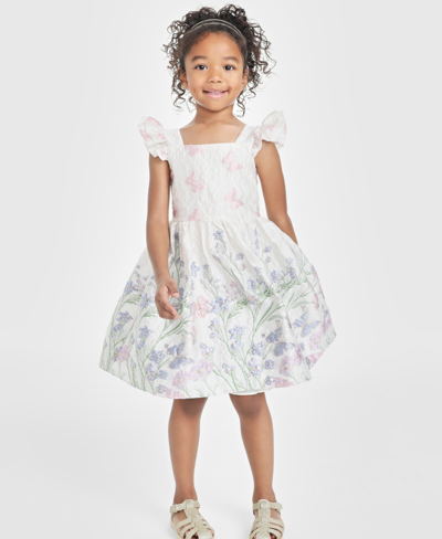 Rare Editions Kids' Little Girls Floral Butterfly Brocade Flutter-sleeve Social Dress In Taupe