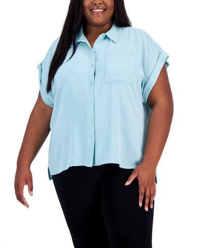 Calvin Klein Plus Size Button-down Rolled-cuff Pocket-front Top In Aquatic
