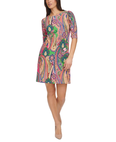 Tommy Hilfiger Petite Paisley Ruched-sleeve Jersey Shift Dress In Taffy Pink Mutli