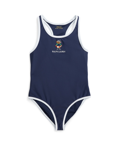 Polo Ralph Lauren Kids' Toddler And Little Girls Polo Bear Round Neck One-piece Swimsuit In Newport Navy With White