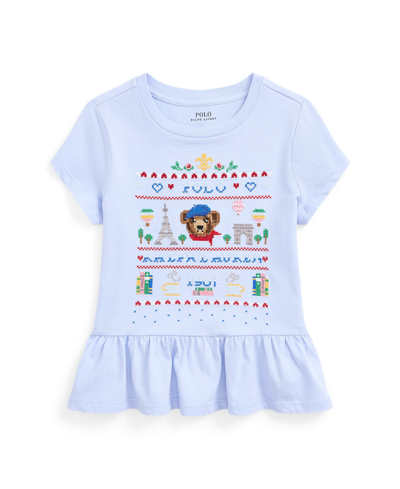 Polo Ralph Lauren Kids' Toddler And Little Girls Polo Bear Cotton Jersey Peplum T-shirt In Blue Hyacinth
