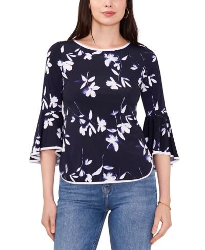 Sam & Jess Petite Floral-print Bell-sleeve Piped Top In Navy White Floral