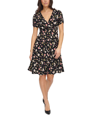 Tommy Hilfiger Women's Floral-print Ruched Sleeve Dress In Black Multi