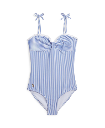Polo Ralph Lauren Kids' Big Girls Seersucker-print One-piece Swimsuit In Blue White Seersucker With Multi