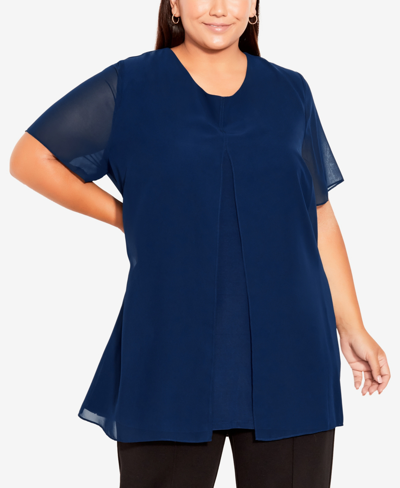 Avenue Plus Size Liv Overlay Mixed Media Scoop Neck Top In Navy