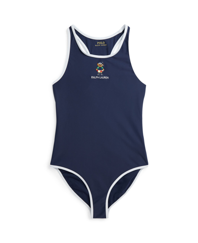 Polo Ralph Lauren Kids' Big Girls Polo Bear Round Neck One-piece Swimsuit In Newport Navy With White