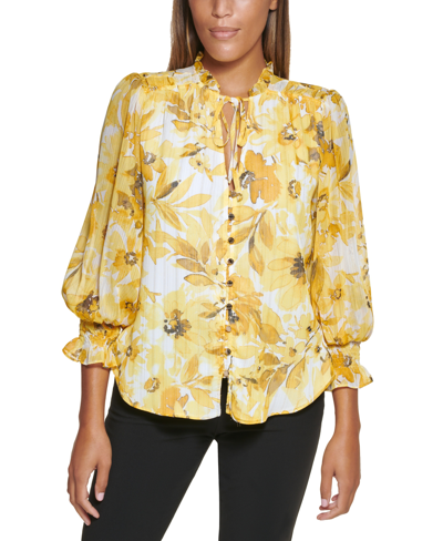 Dkny Petite Floral-print Tie-neck Textured Blouse In Sunkiss Multi