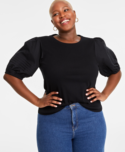 On 34th Plus Size Solid Long-sleeve Crewneck Knit Top, Created For Macy's In Deep Black