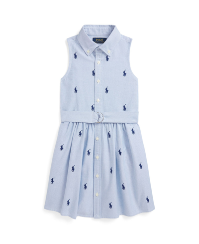 Polo Ralph Lauren Kids' Big Girls Belted Polo Pony Oxford Sleeveless Shirtdress In Blue Hyacinth