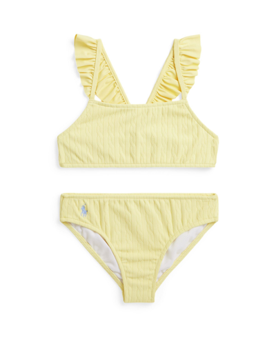 Polo Ralph Lauren Kids' Toddler And Little Girls Mini-cable Round Neck Two-piece Swimsuit In Wicket Yellow With Blue Hyacinth