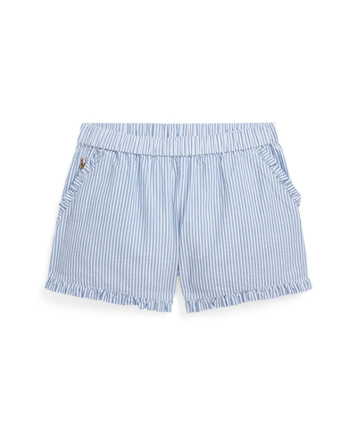 Polo Ralph Lauren Kids' Big Girls Striped Ruffled Cotton Seersucker Shorts In Blue White