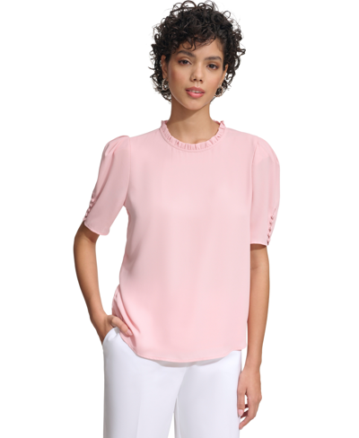 Calvin Klein Petite Ruffled-neck Puffed-sleeve Blouse In Silver Pink
