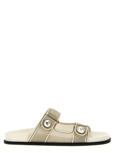 Jimmy Choo Fayence Metallic Pearly-button Slide Sandals In White