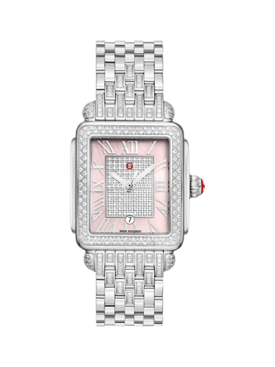 Michele Deco Madison Mid Peony Pave Center Watch In Pink/silver