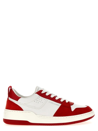Ferragamo Dennis Leather Trainers In Flame Red,white