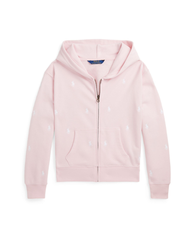 Polo Ralph Lauren Kids' Big Girls Polo Pony Terry Full-zip Hoodie In Hint Of Pink,white