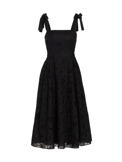 Carolina Herrera Bow-strap Square-neck Eyelet Embroidered Midi Dress In Black