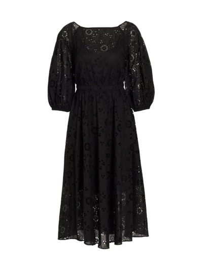Carolina Herrera Women's Eyelet Cotton Puff-sleeve Midi-dress In Black