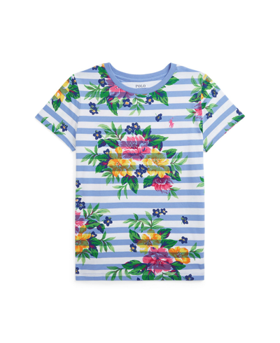Polo Ralph Lauren Kids' Big Girls Striped Floral Cotton Jersey T-shirt In Harbor Island Blue And White Stripe With